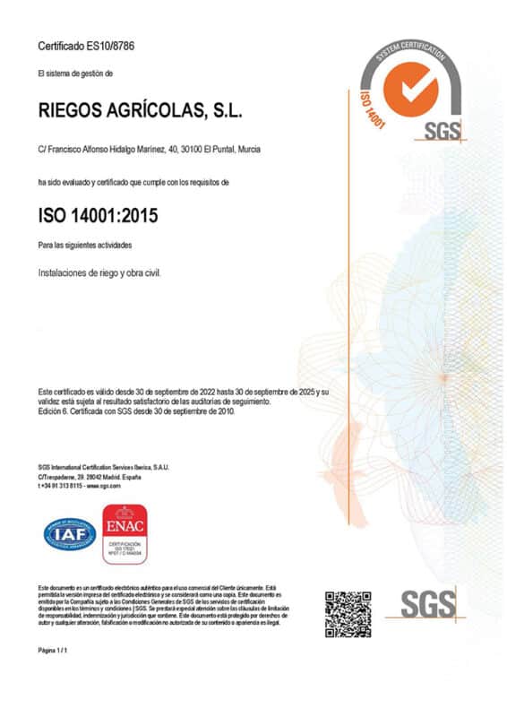 Certificado ISO 14001 Riegos Agrícolas