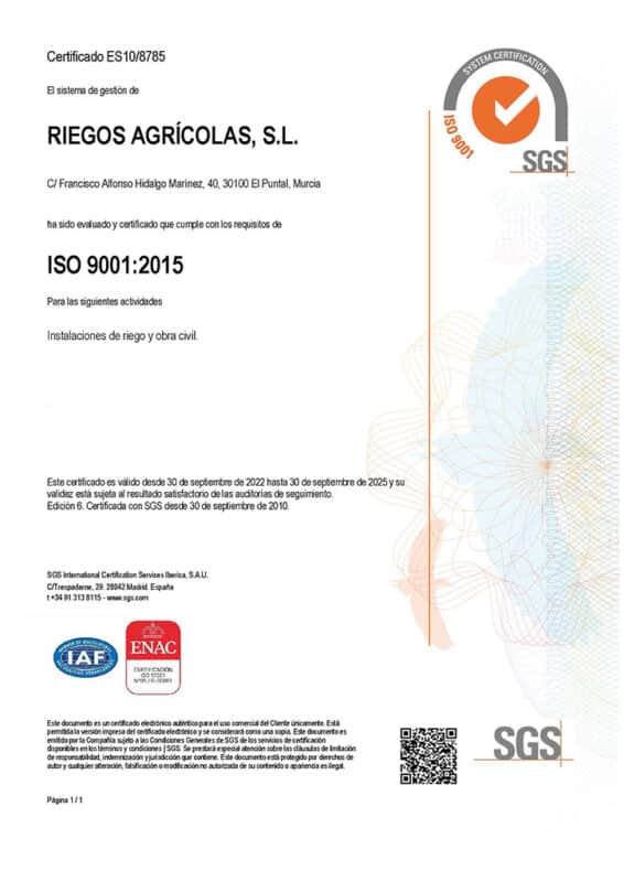 Certificado ISO 9001 Riegos Agrícolas